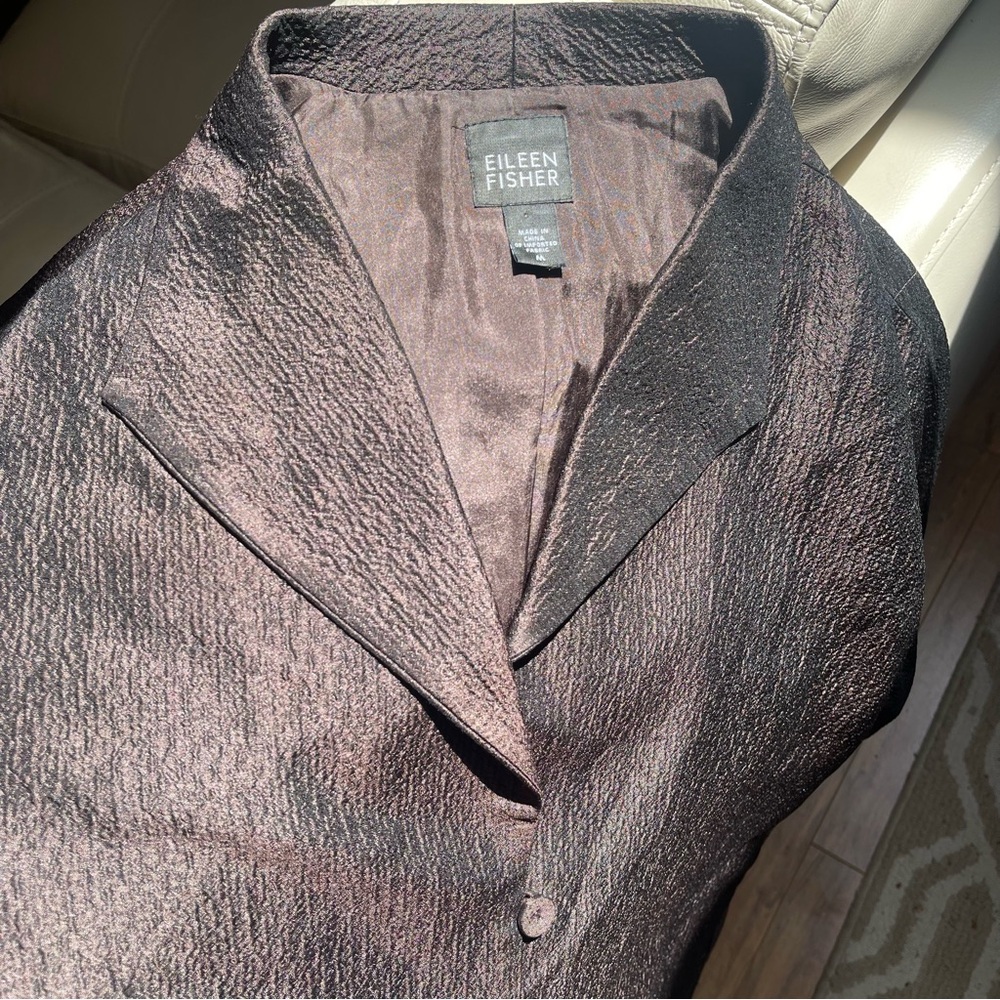 Eileen Fisher Chocolate Brown Crinkle 100% Silk Shirt Jacket Shacket Size M - Picture 14 of 16